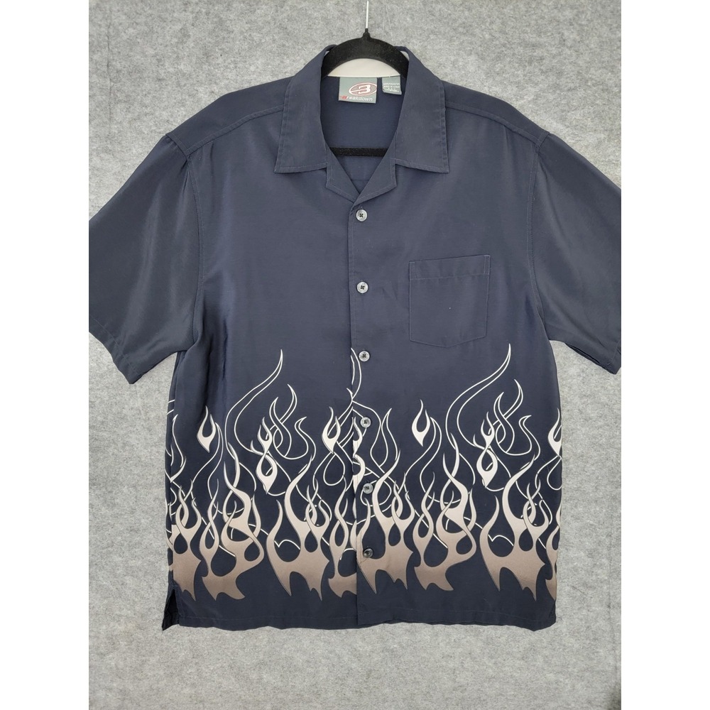 Breakdown Mens Button Up Short Sleeve Shirt Navy Flame Graphic Poly Large 0898